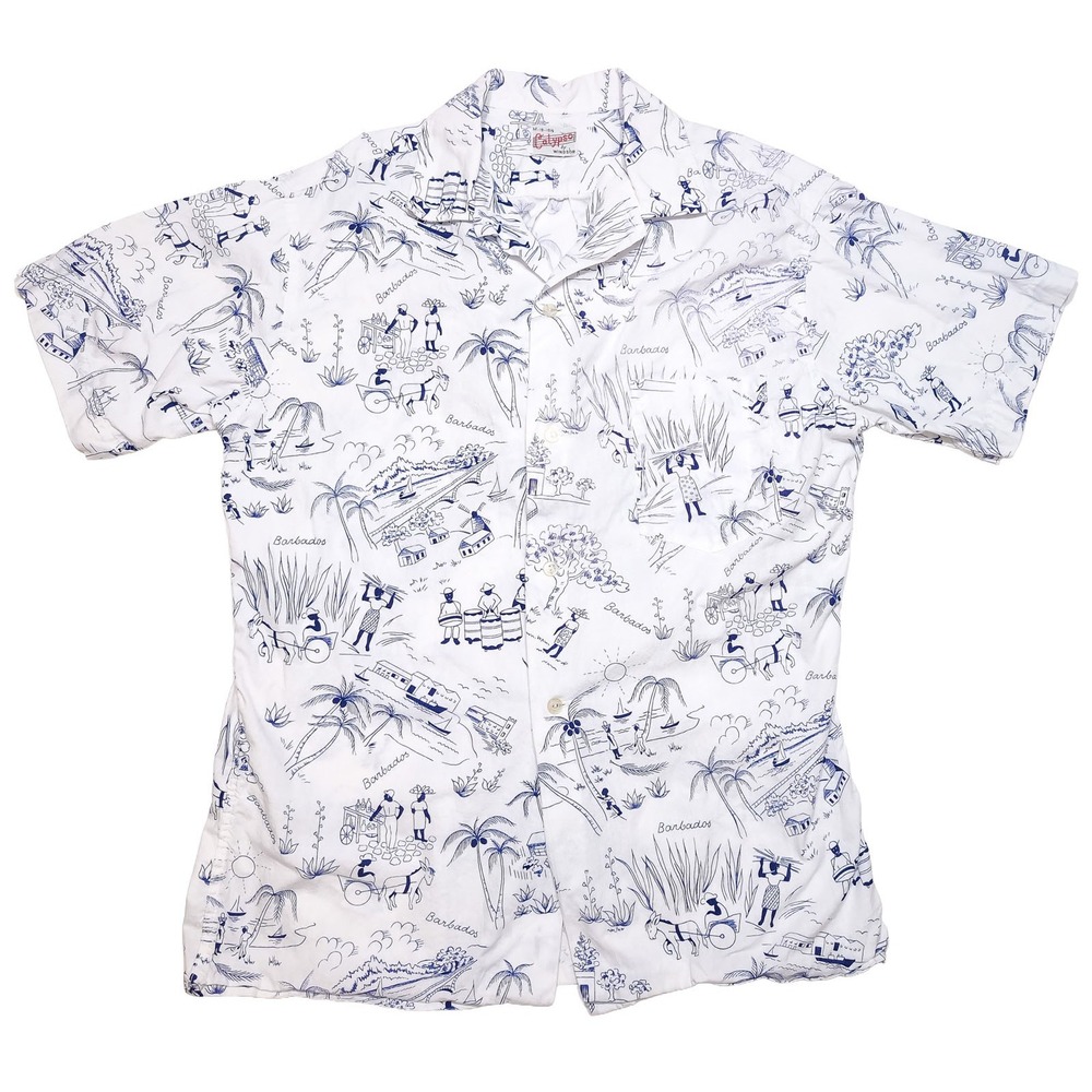 Vintage 1950s Calypso Windsor Barbados Shirt Mens M White Blue Hawaiian Tourist
